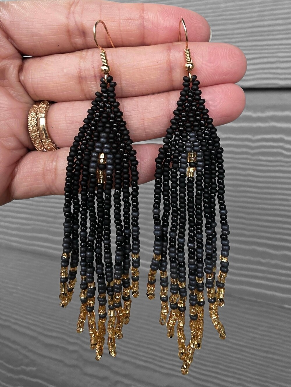Whimsical Goth Boho Fringe Beaded Earrings  Handmade Seed Bead - Gold Black